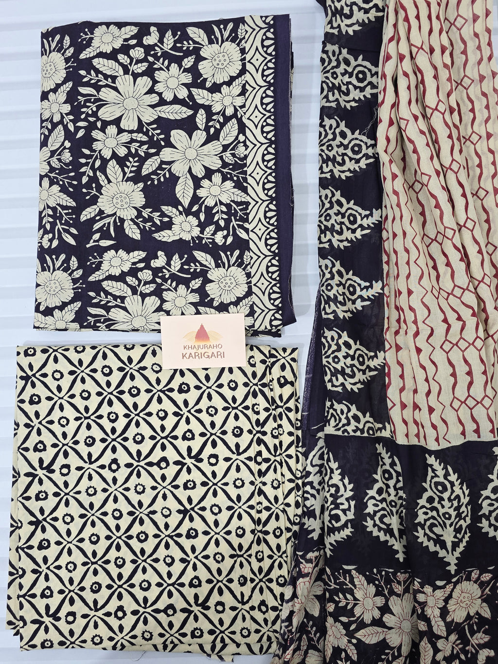 Handblock Printed Mul Cotton Dress Material Set - Black floral