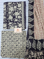 Handblock Printed Mul Cotton Dress Material Set - Black floral