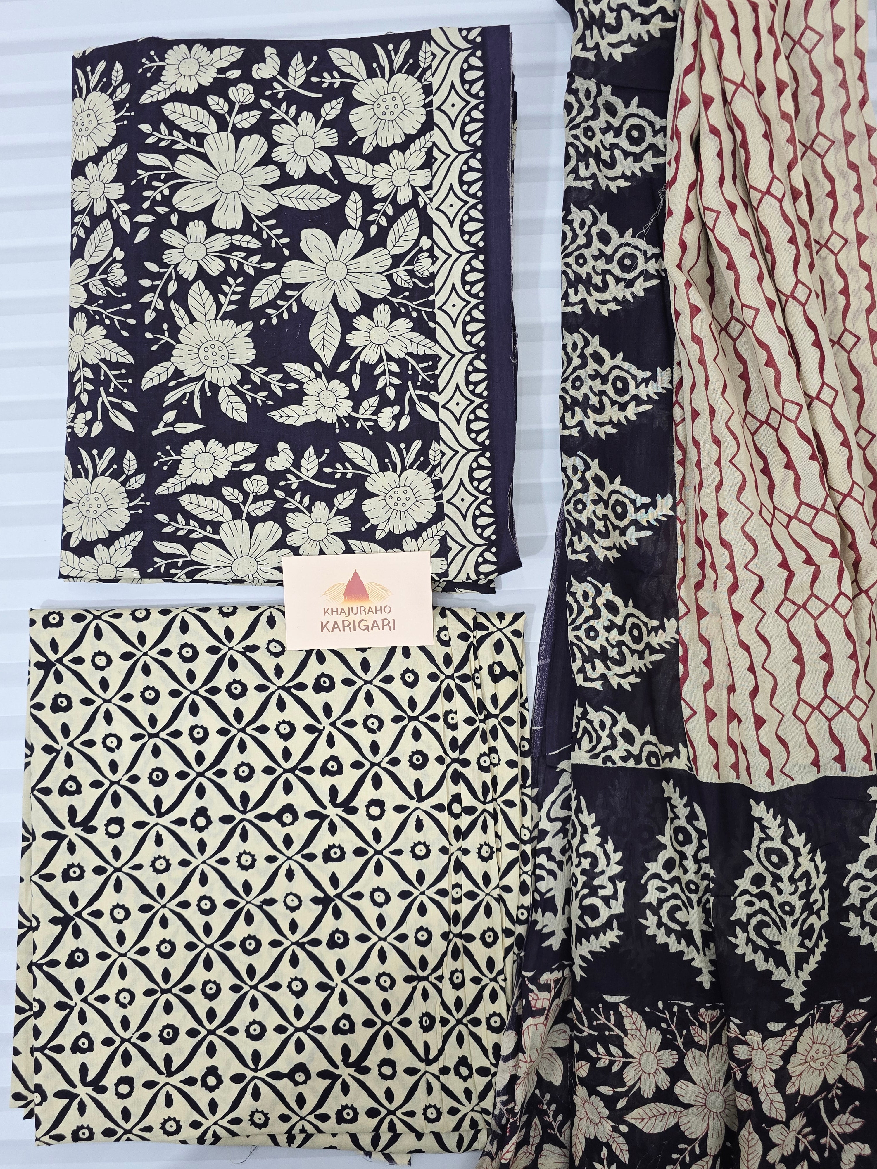 Handblock Printed Mul Cotton Dress Material Set - Black floral
