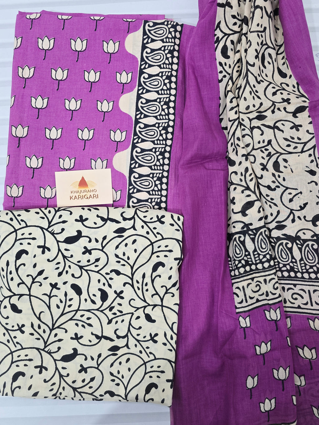 Handblock Printed Mul Cotton Dress Material Set - Purple