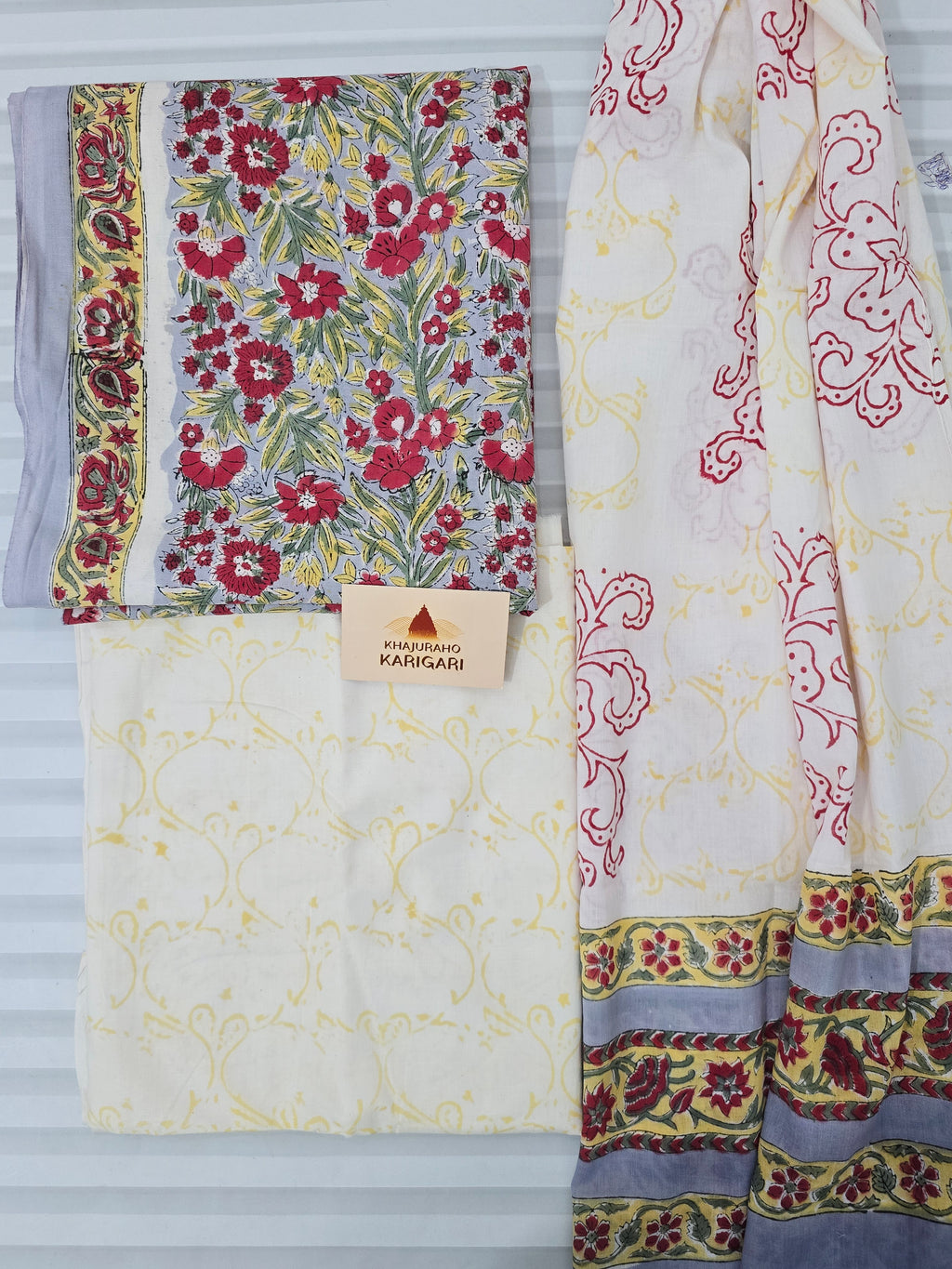 Handblock Printed Mul Cotton Dress Material Set - Yellow Floral