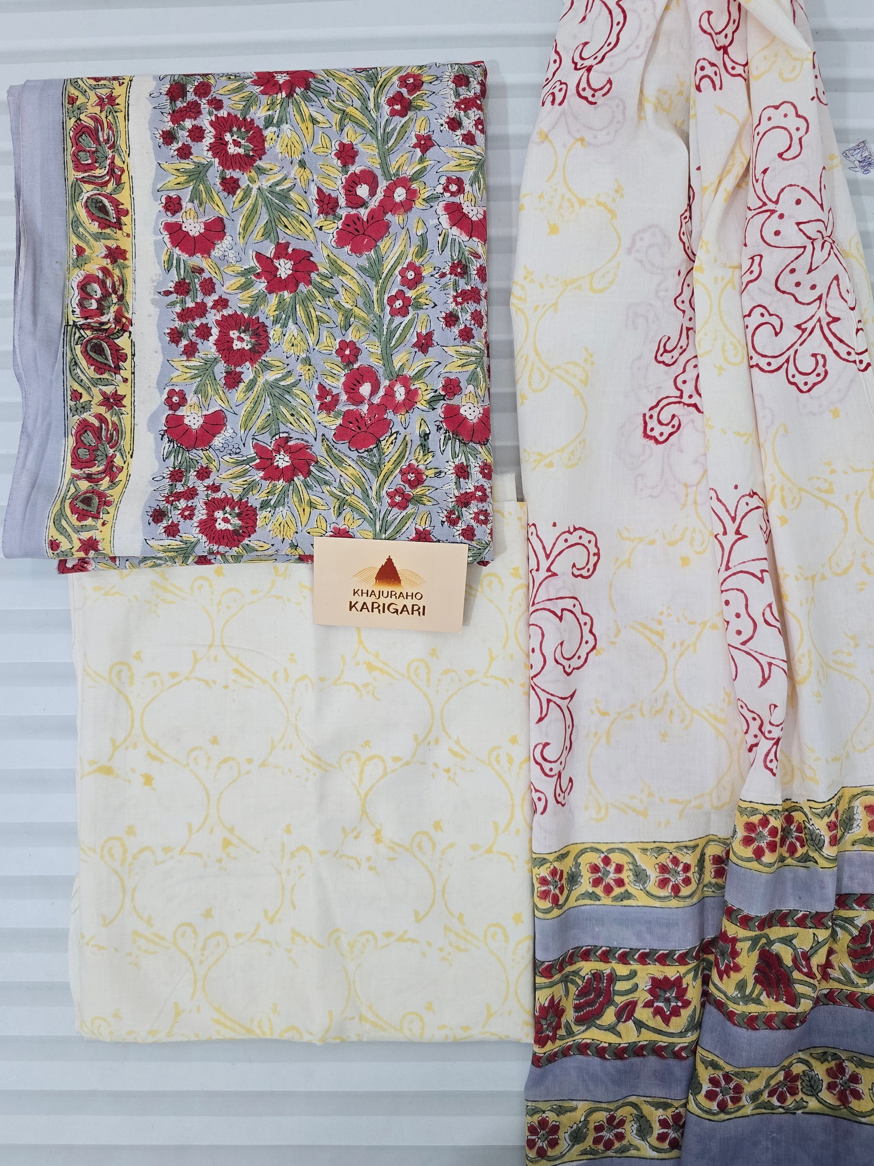 Handblock Printed Mul Cotton Dress Material Set - Yellow Floral