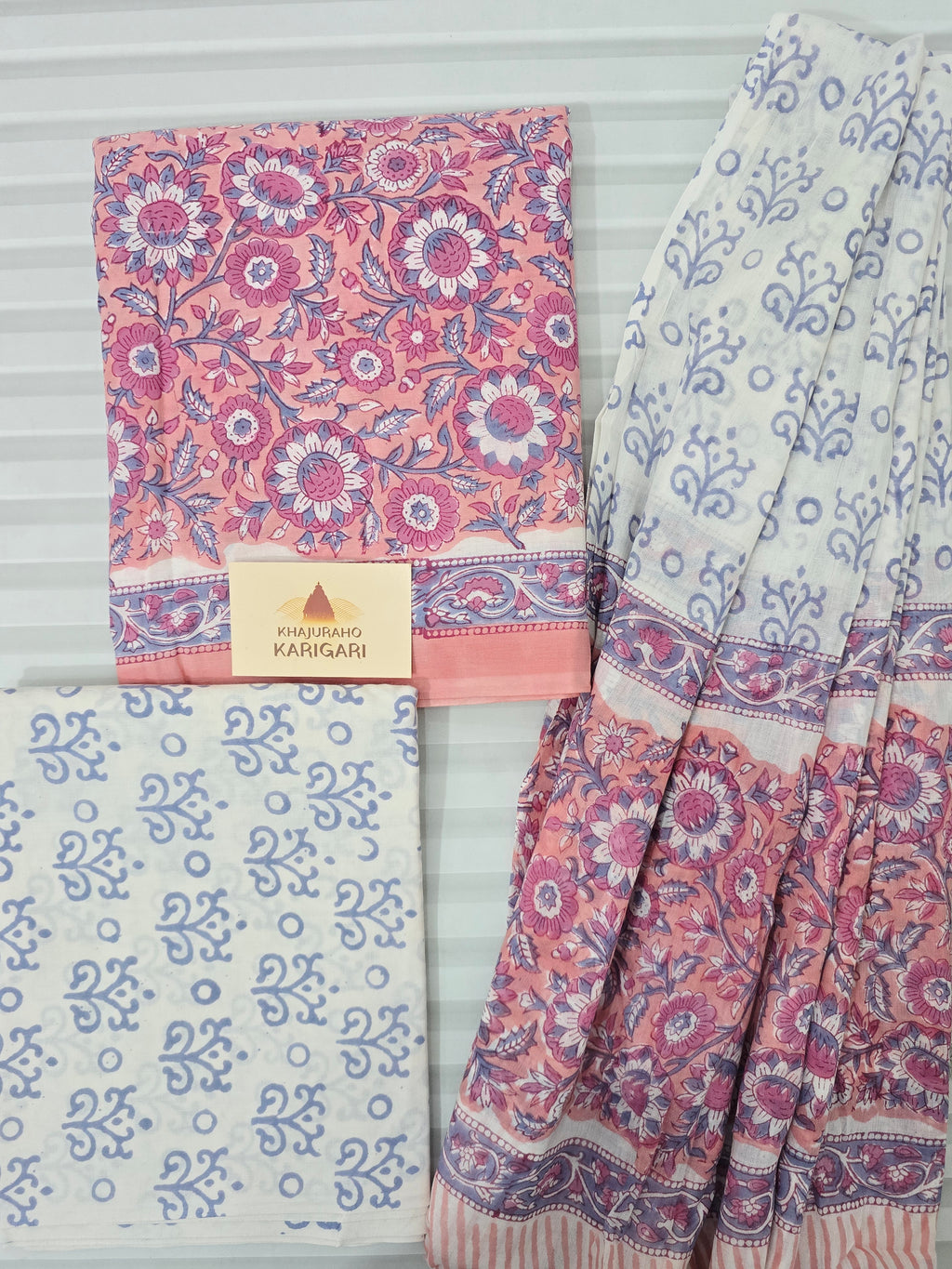 Handblock Printed Mul Cotton Dress Material Set - Pink Floral