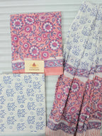 Handblock Printed Mul Cotton Dress Material Set - Pink Floral