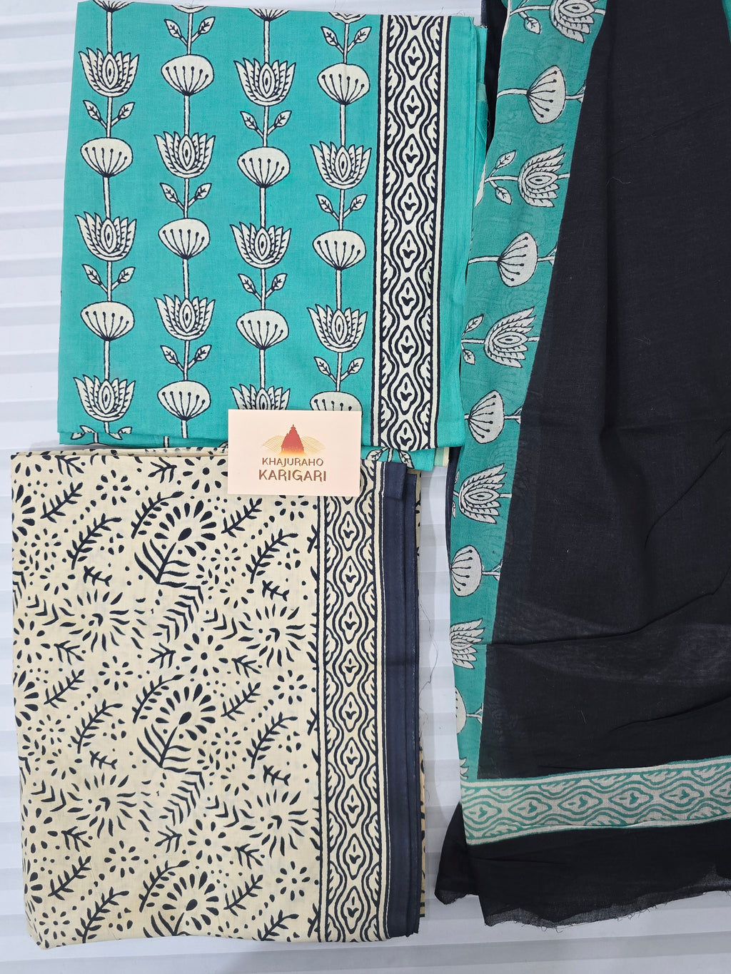 Handblock Printed Mul Cotton Dress Material Set - kamal Boota
