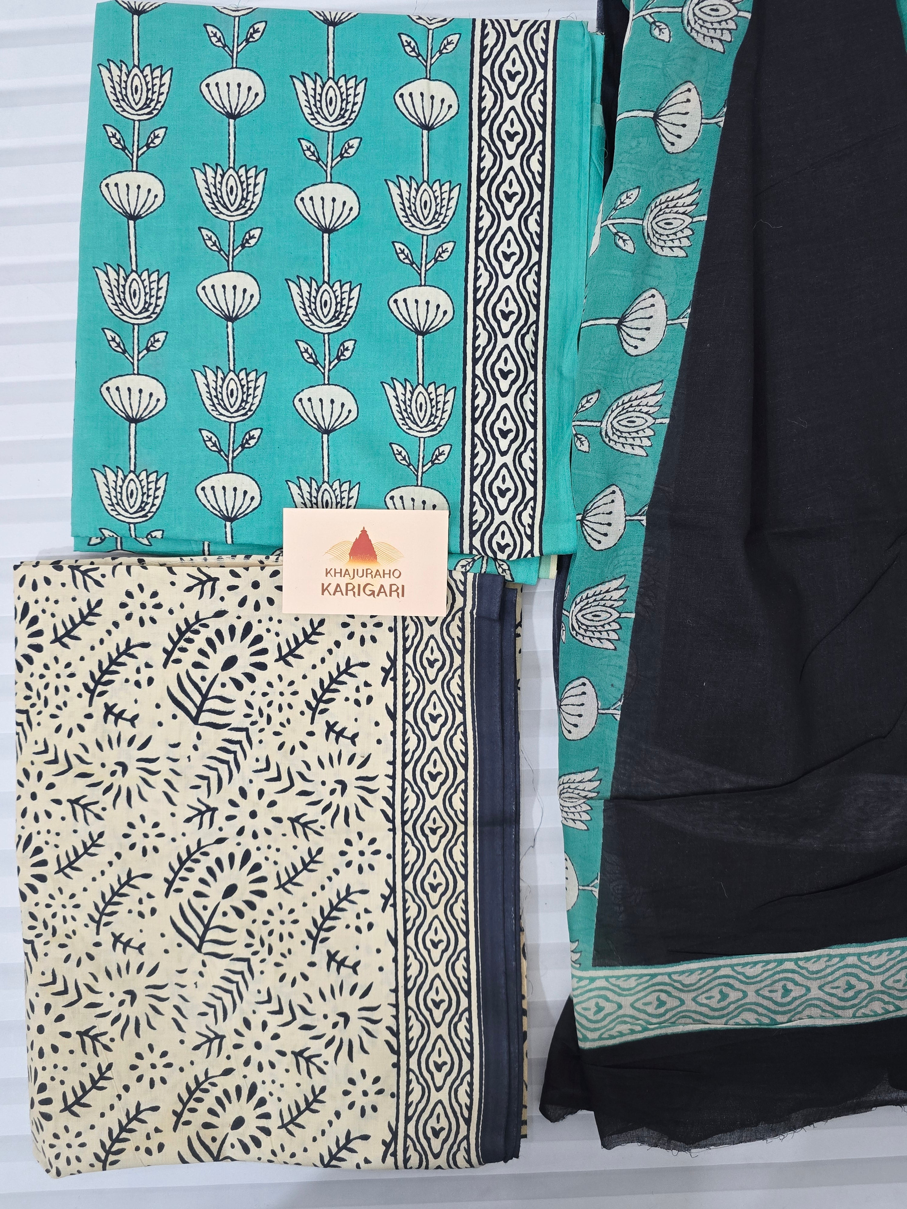 Handblock Printed Mul Cotton Dress Material Set - kamal Boota