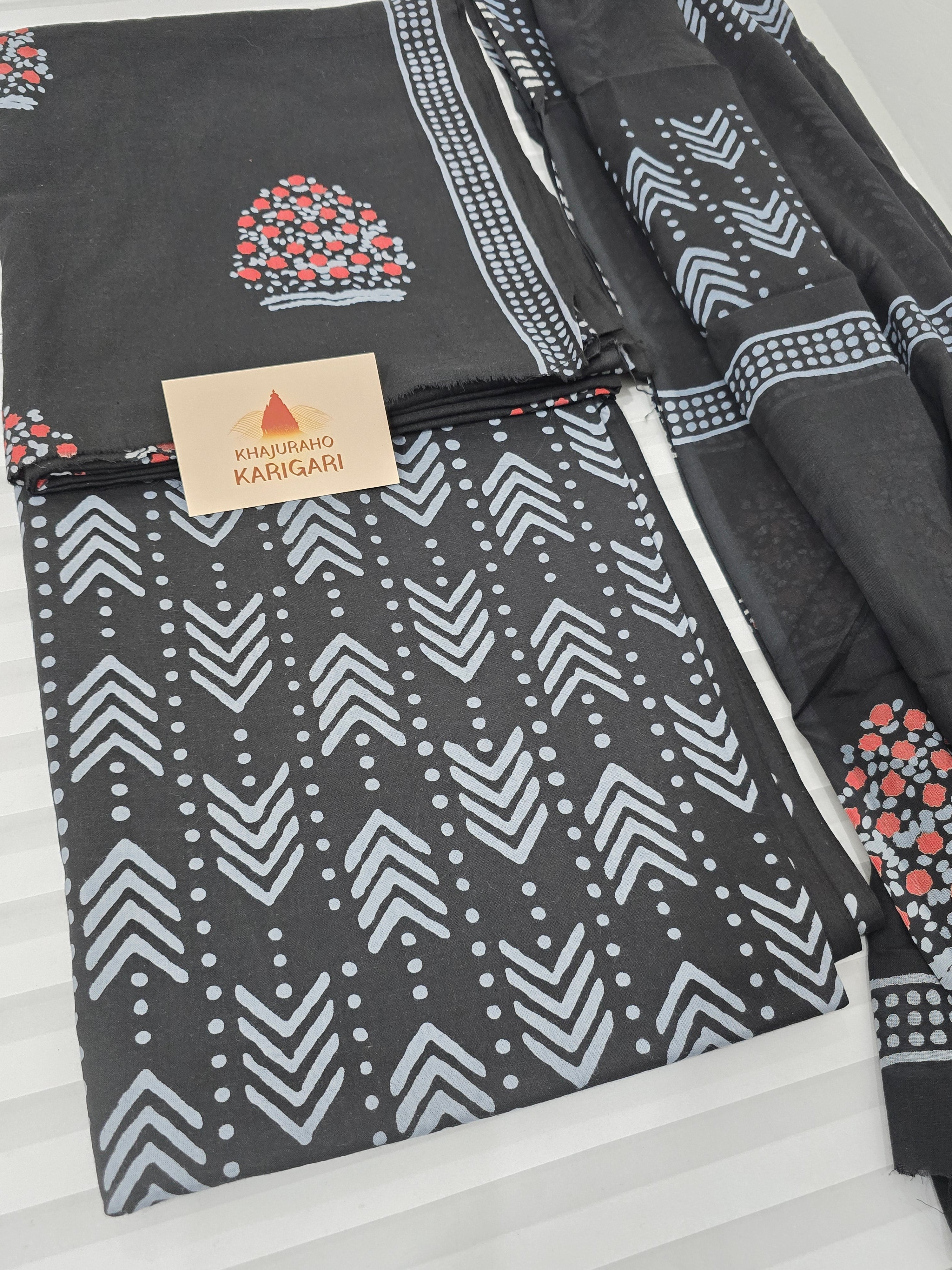 Handblock Printed Mul Cotton Dress Material Set - Black
