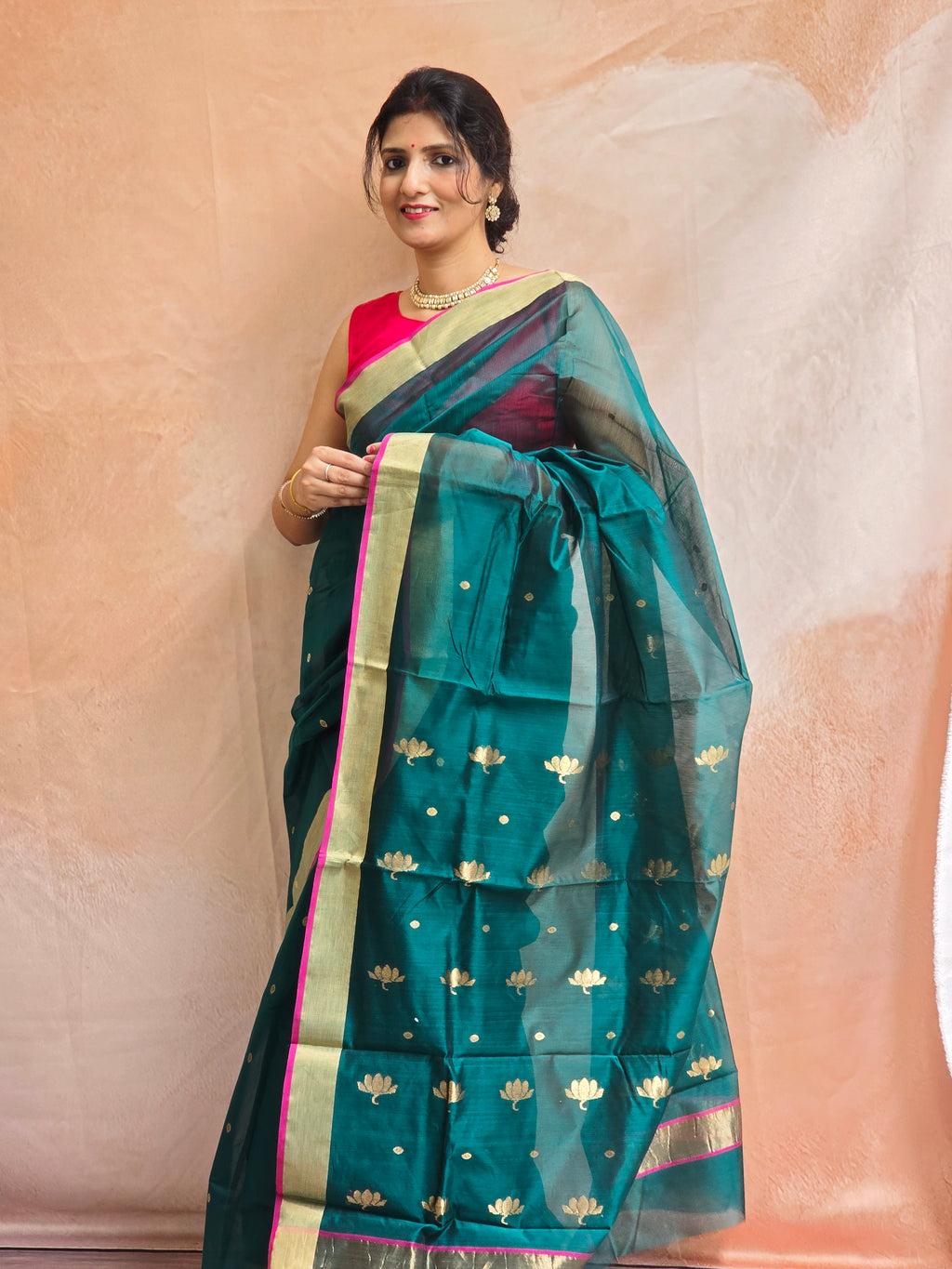 Pure handwoven Chanderi kamal Boota on pallu - Teal Green