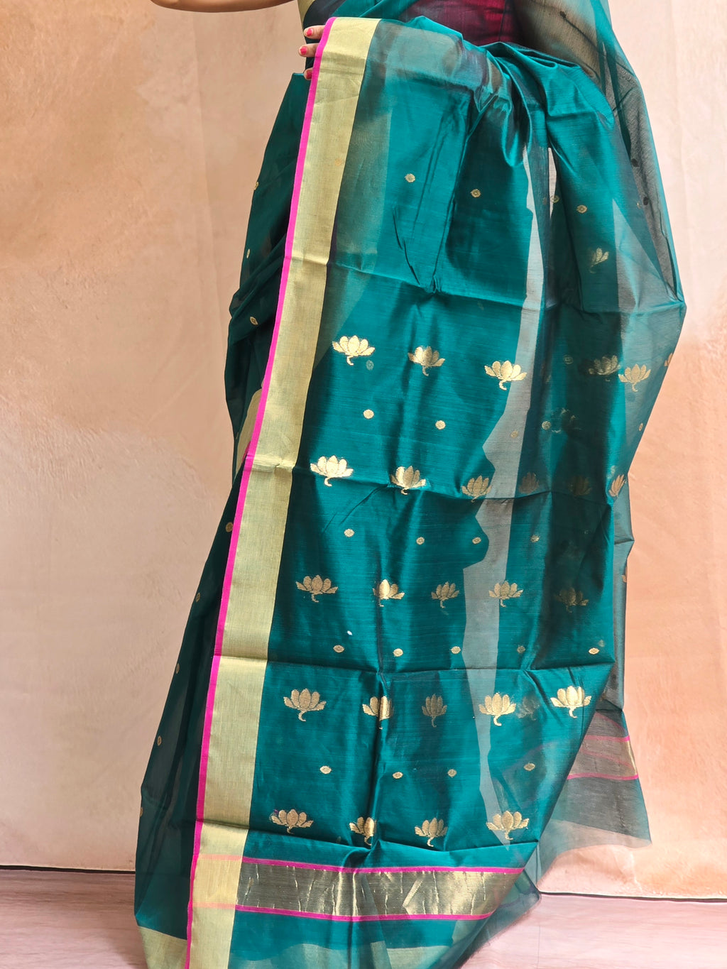 Pure handwoven Chanderi kamal Boota on pallu - Teal Green