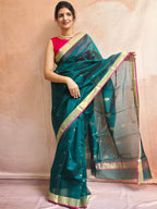 Pure handwoven Chanderi kamal Boota on pallu - Teal Green