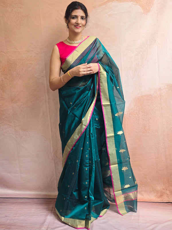 Pure handwoven Chanderi Kamal Boota on pallu - Teal Green