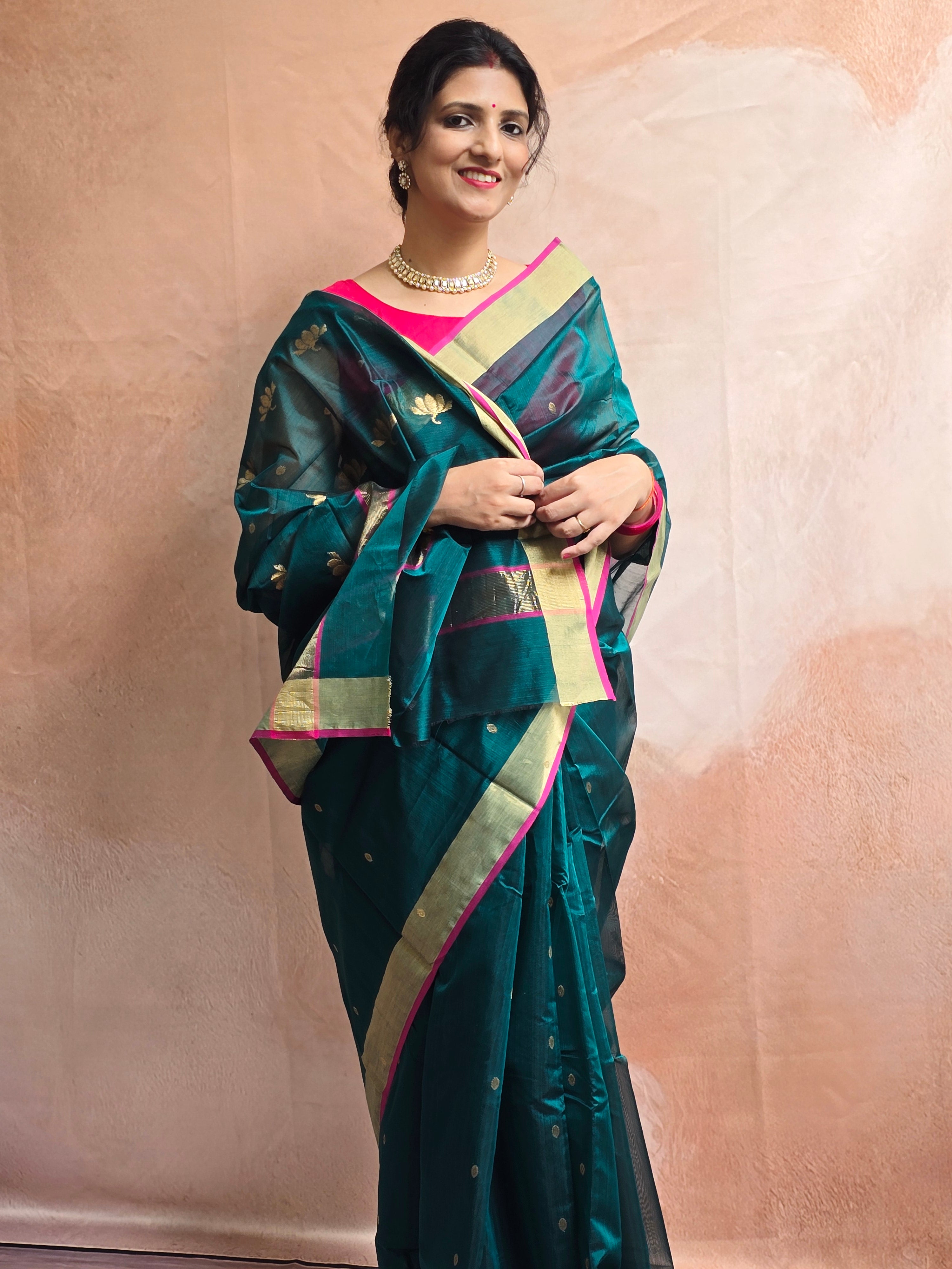 Pure handwoven Chanderi kamal Boota on pallu - Teal Green