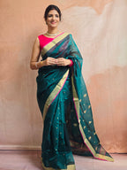 Pure handwoven Chanderi kamal Boota on pallu - Teal Green