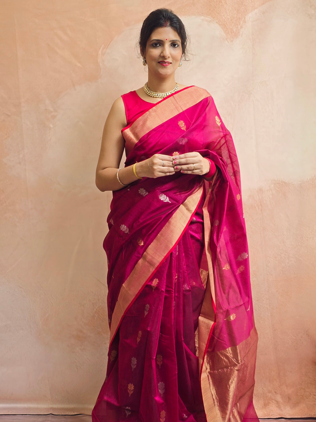 Pure Handwoven Chanderi Sunehri Phool Magenta