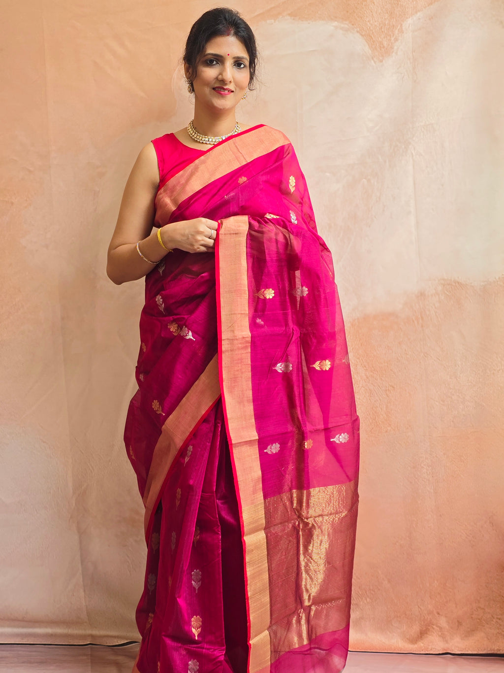 Pure Handwoven Chanderi Sunehri Phool Magenta