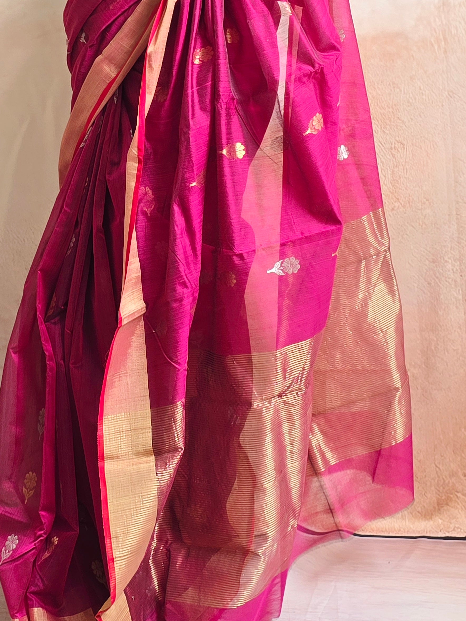 Pure Handwoven Chanderi Sunehri Phool Magenta