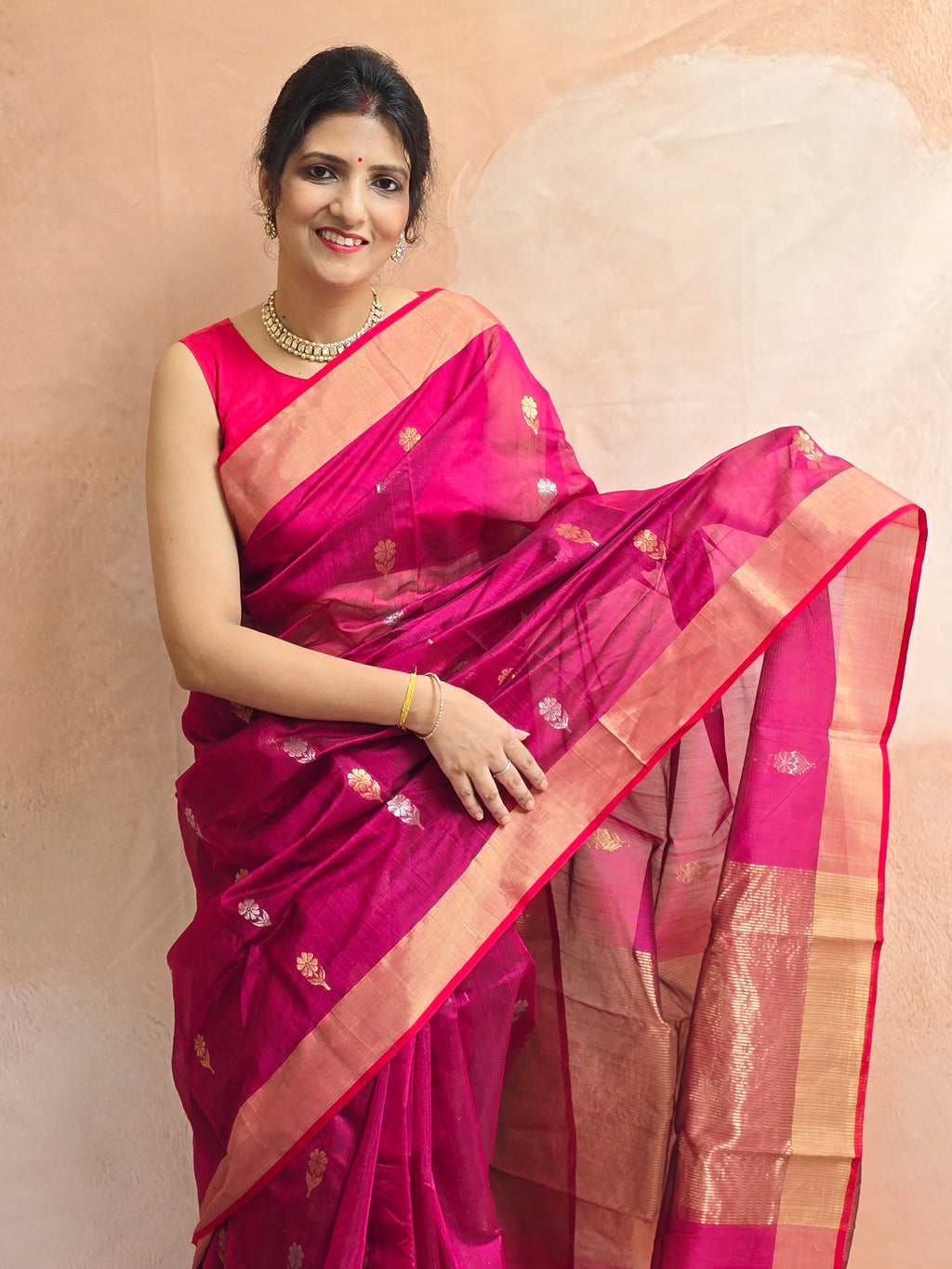 Pure Handwoven Chanderi Sunehri Phool Magenta