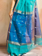 Pure Handwoven Maheshwari Arrow Motifs Saree - Sea Green Blue