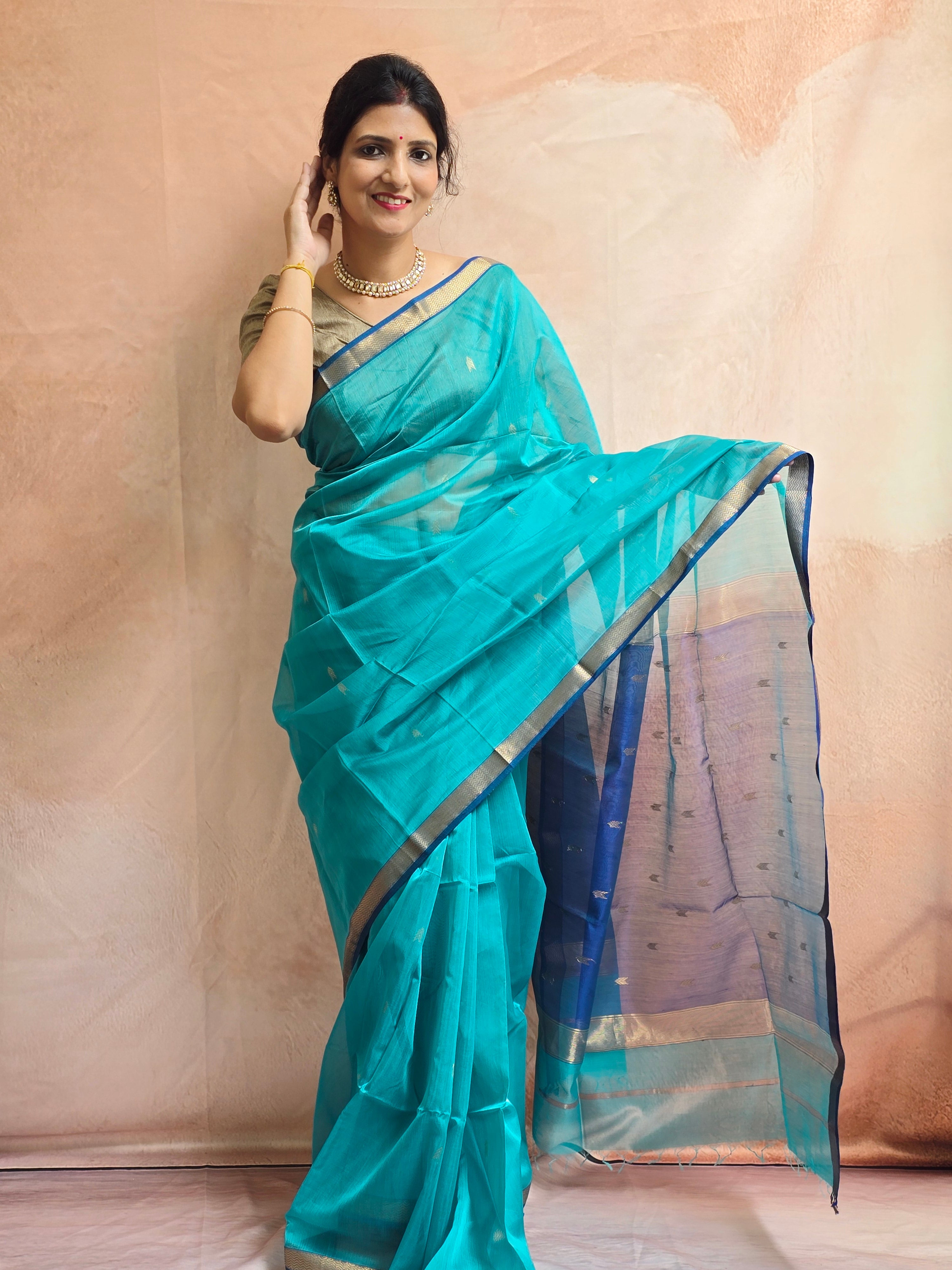 Pure Handwoven Maheshwari Arrow Motifs Saree - Sea Green Blue