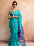 Pure Handwoven Maheshwari Arrow Motifs Saree - Sea Green Blue