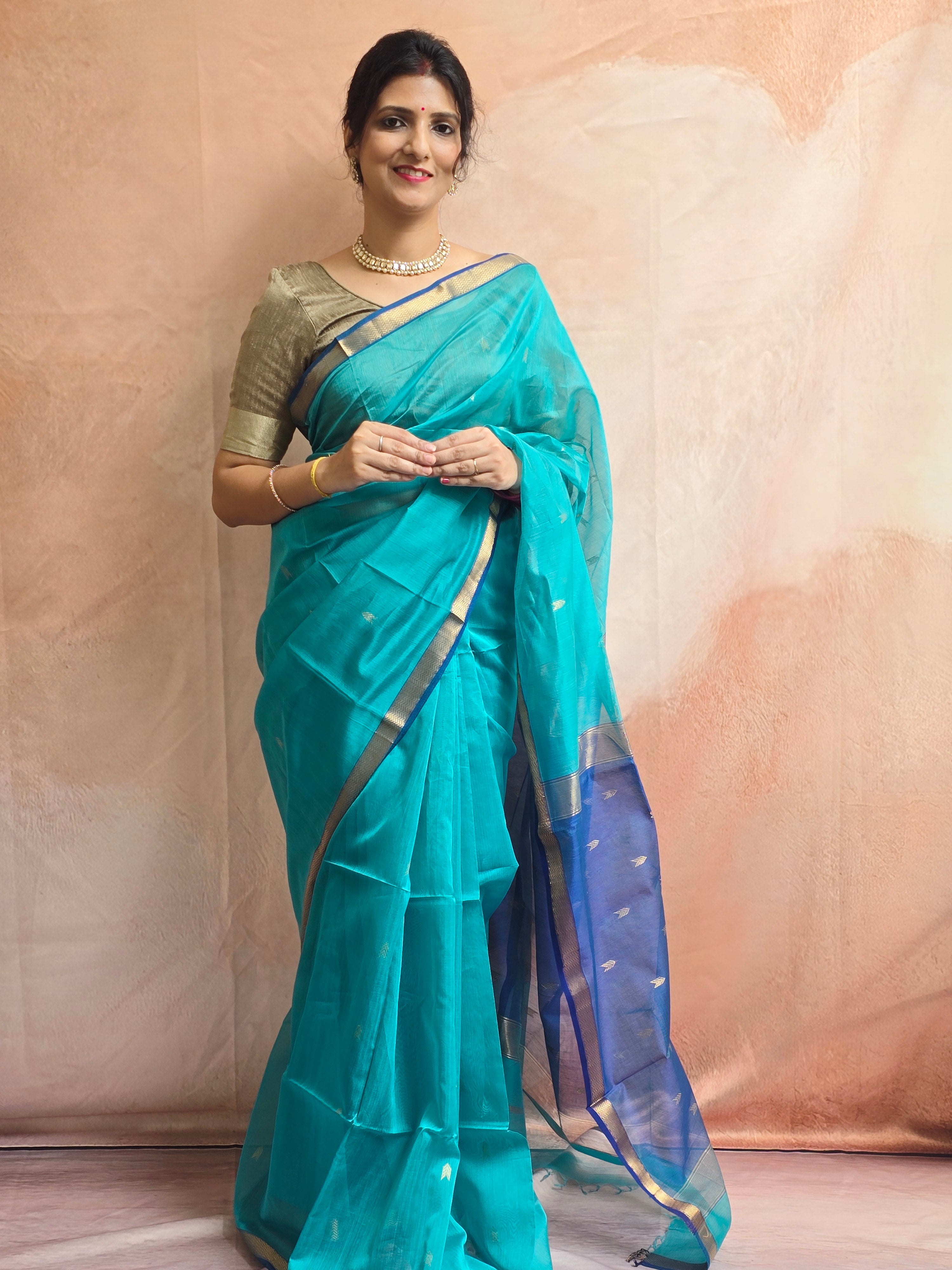 Pure Handwoven Maheshwari Arrow Motifs Saree - Sea Green Blue