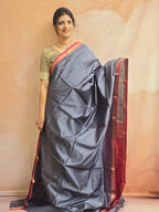 Pure Handwoven Maheshwari Arrow Motifs Saree - Gray Red