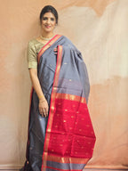 Pure Handwoven Maheshwari Arrow Motifs Saree - Gray Red