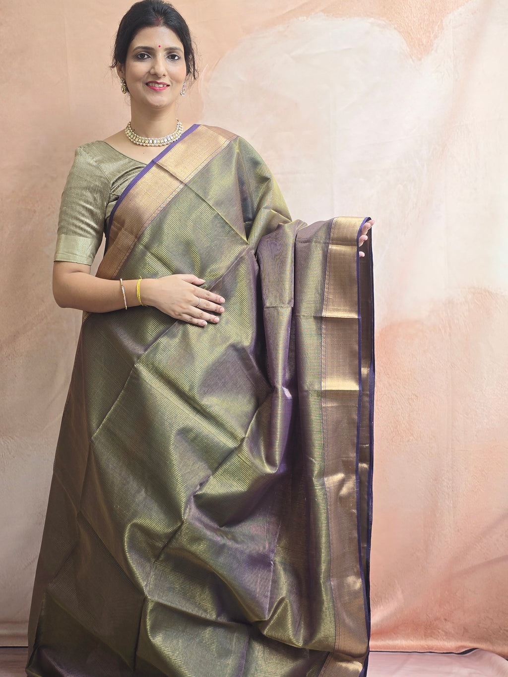 Pure Handloom Maheshwari Zari Checks Saree | Mehndi Green