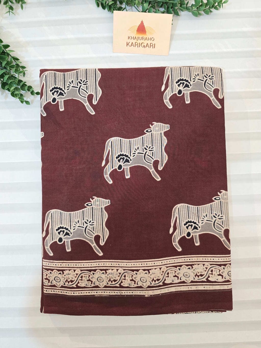 Handblock Printed Mul Cotton Saree cow Motifs
