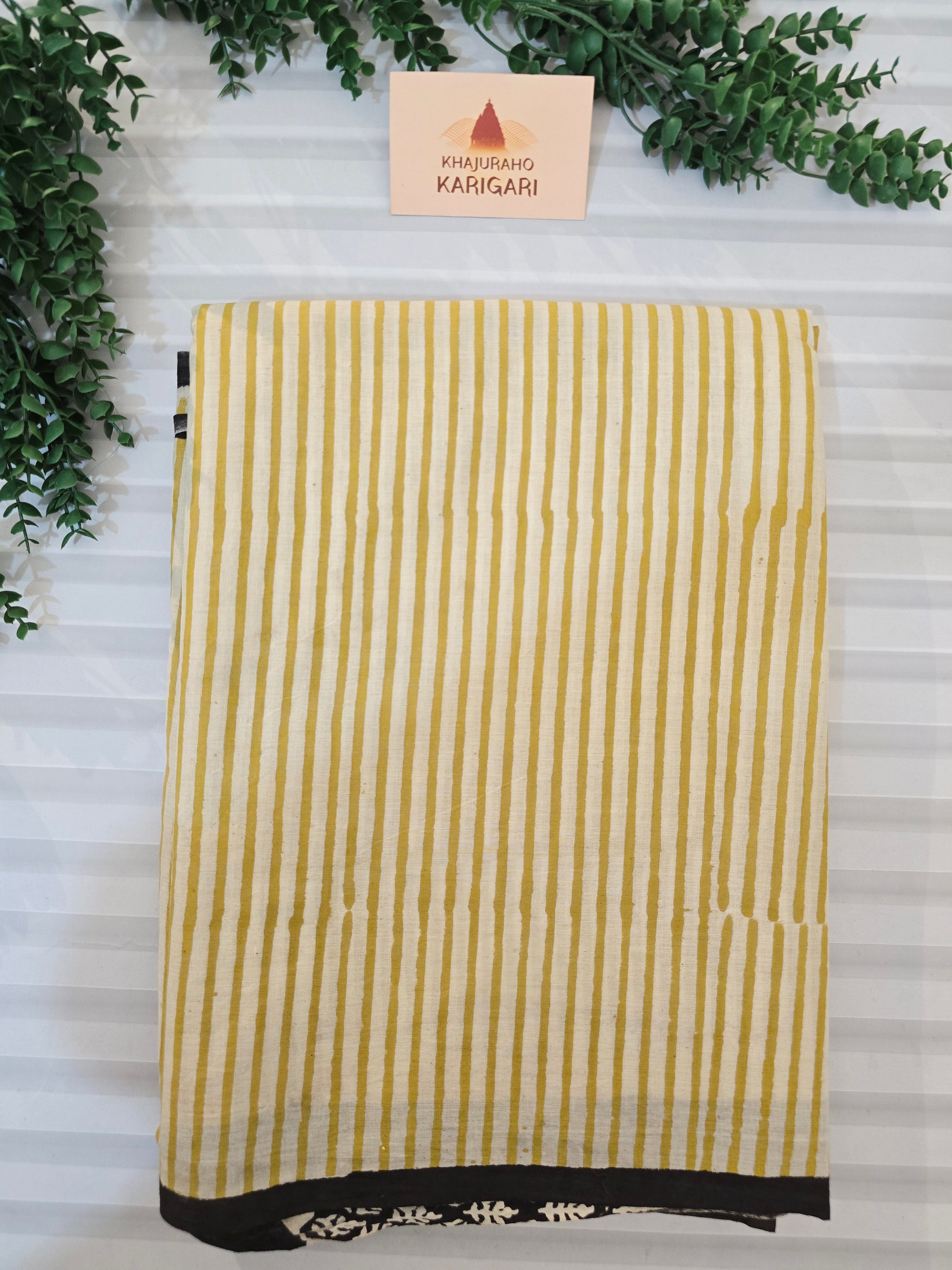 Handblock Printed Mul Cotton Saree - Yellow Stripe
