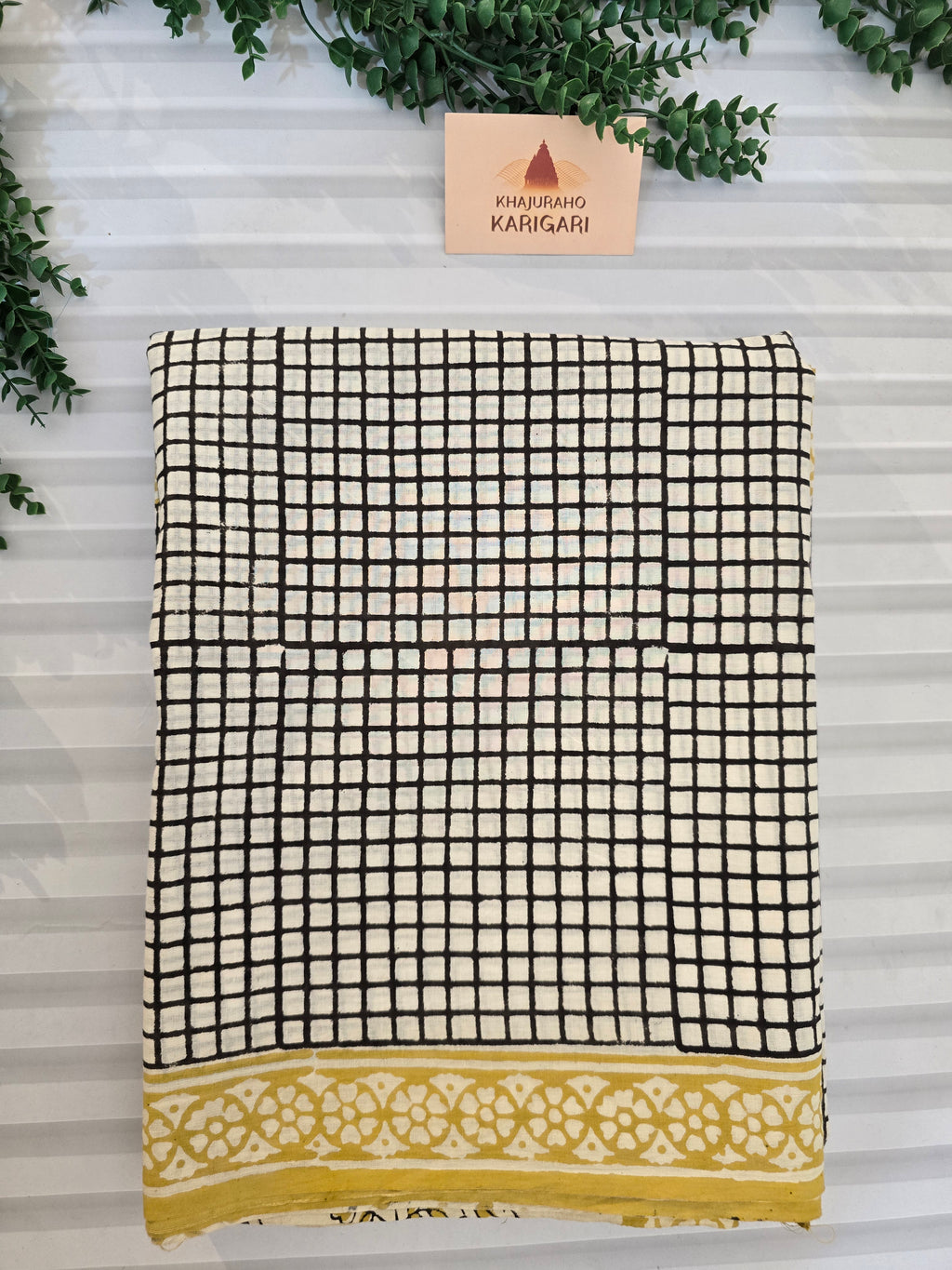 Handblock Printed Mul Cotton Saree Black Checks