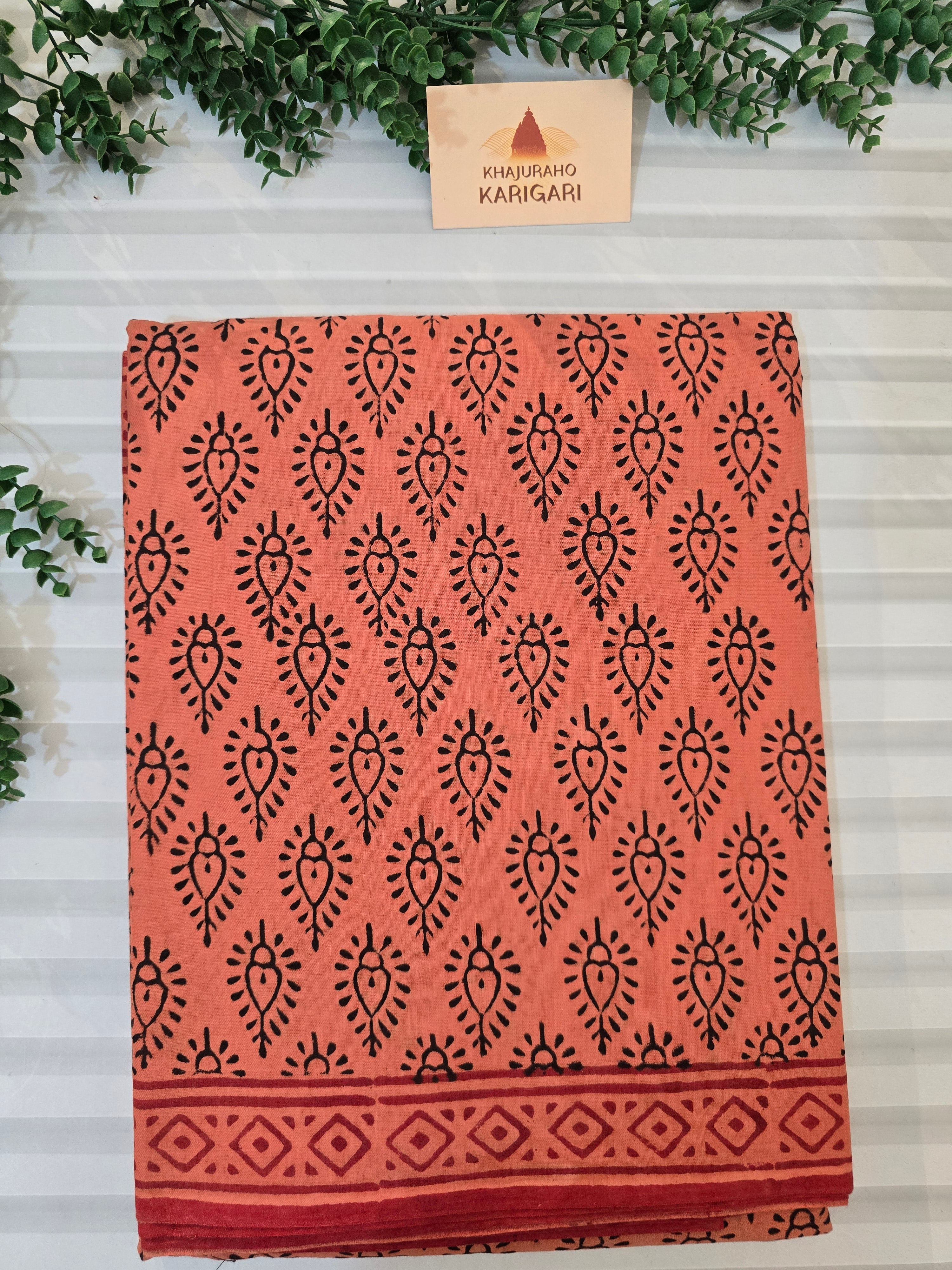 Handblock Printed Mul Cotton Saree Burnt Orange