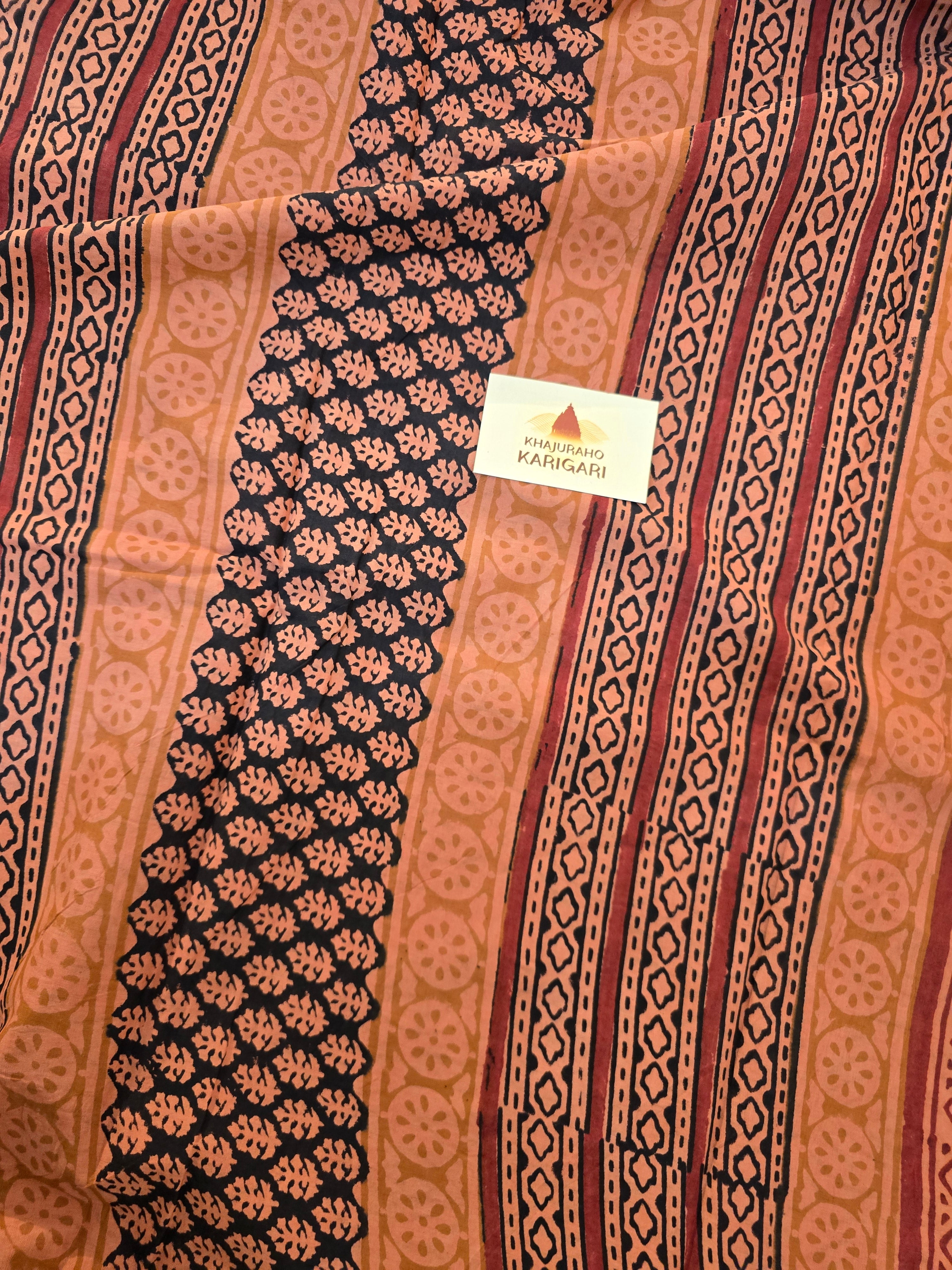 Handblock Printed Mul Cotton Saree Burnt Orange
