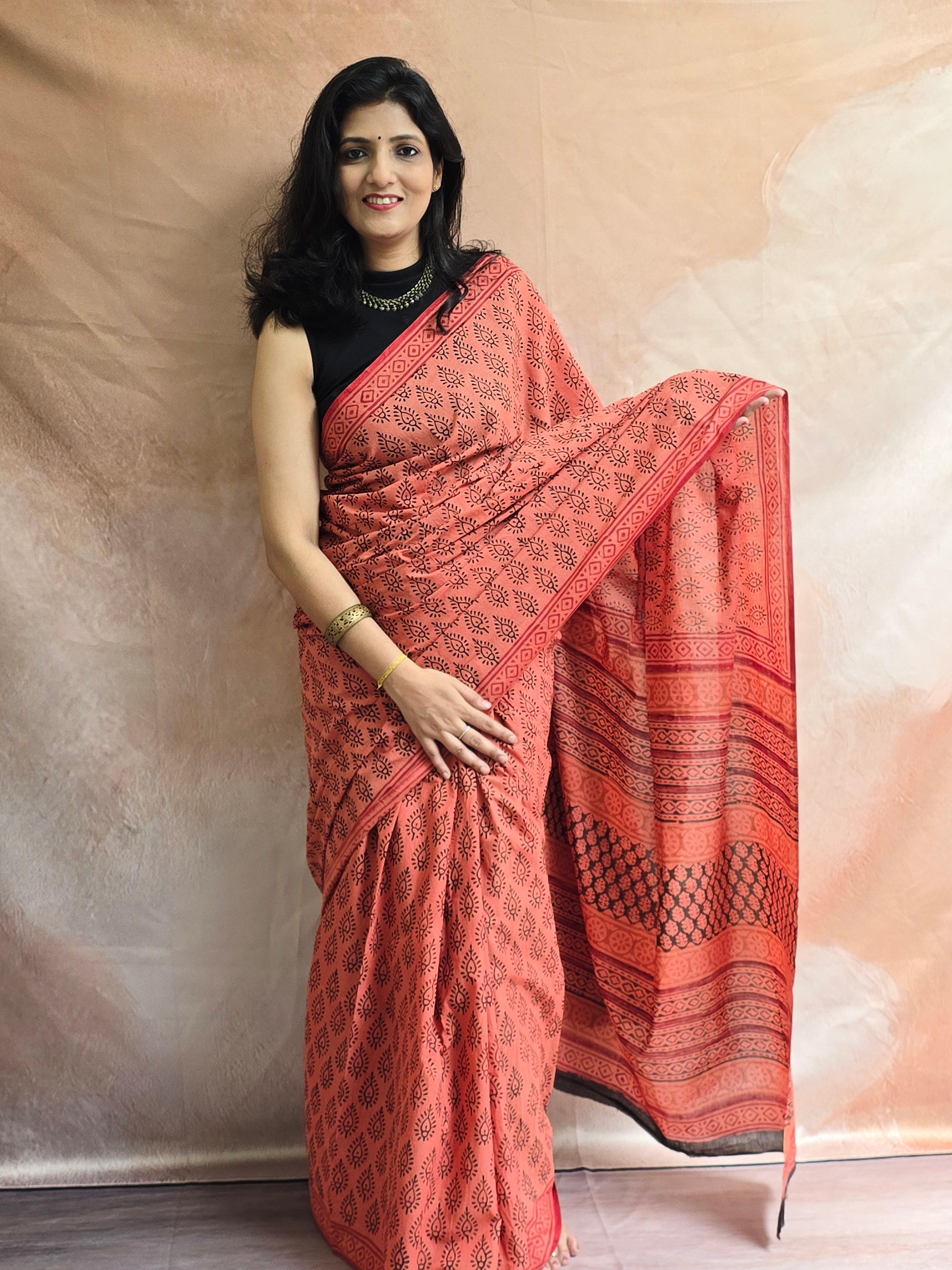 Handblock Printed Mul Cotton Saree Burnt Orange