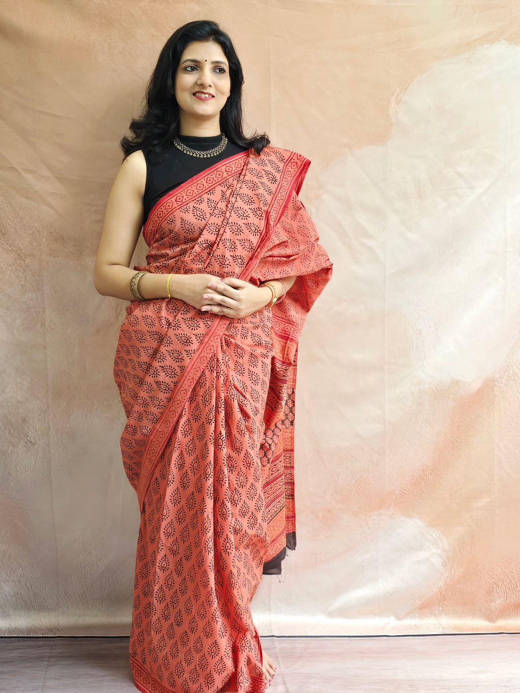 Handblock Printed Mul Cotton Saree Burnt Orange