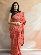 Handblock Printed Mul Cotton Saree Burnt Orange