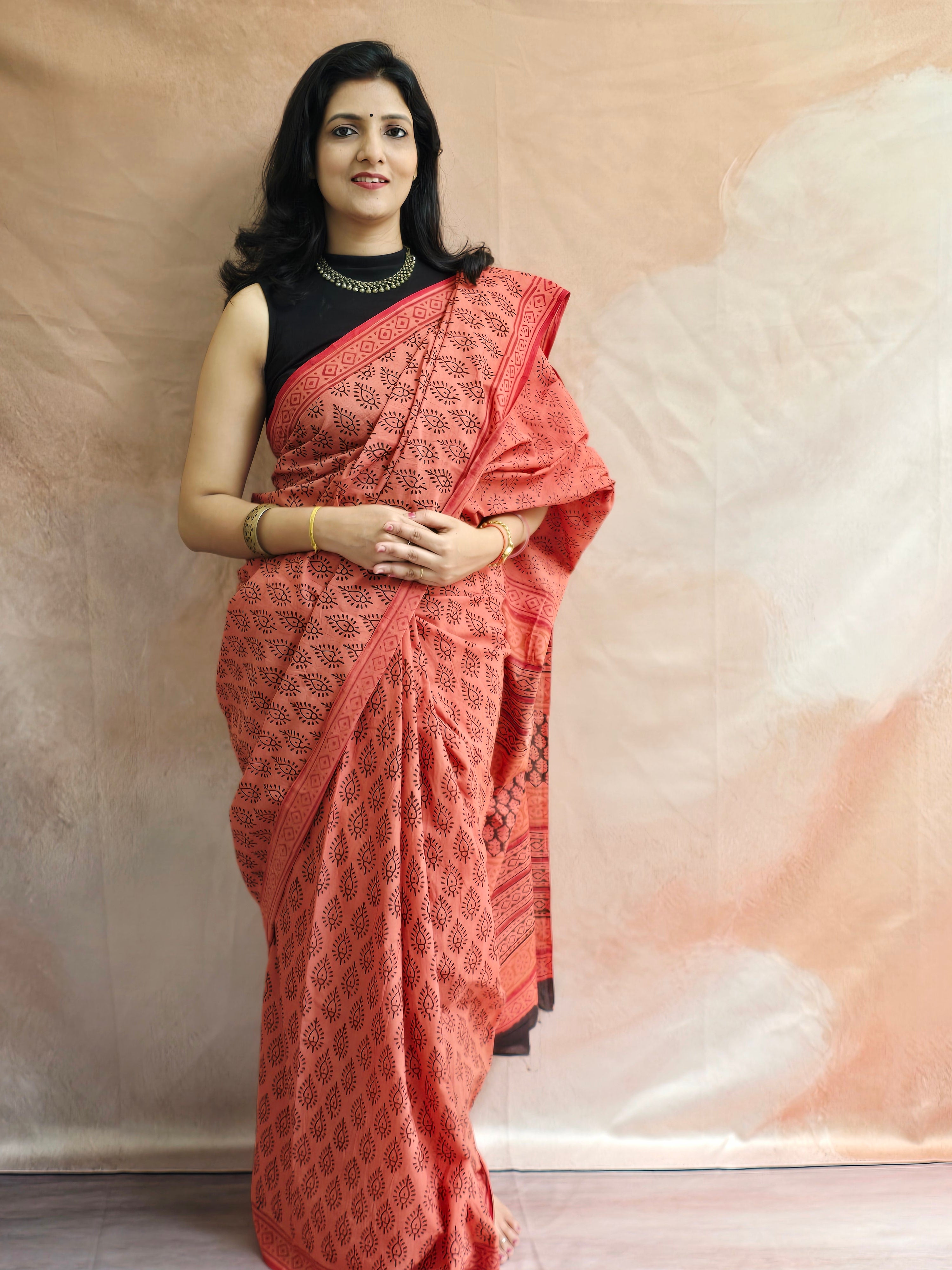 Handblock Printed Mul Cotton Saree Burnt Orange