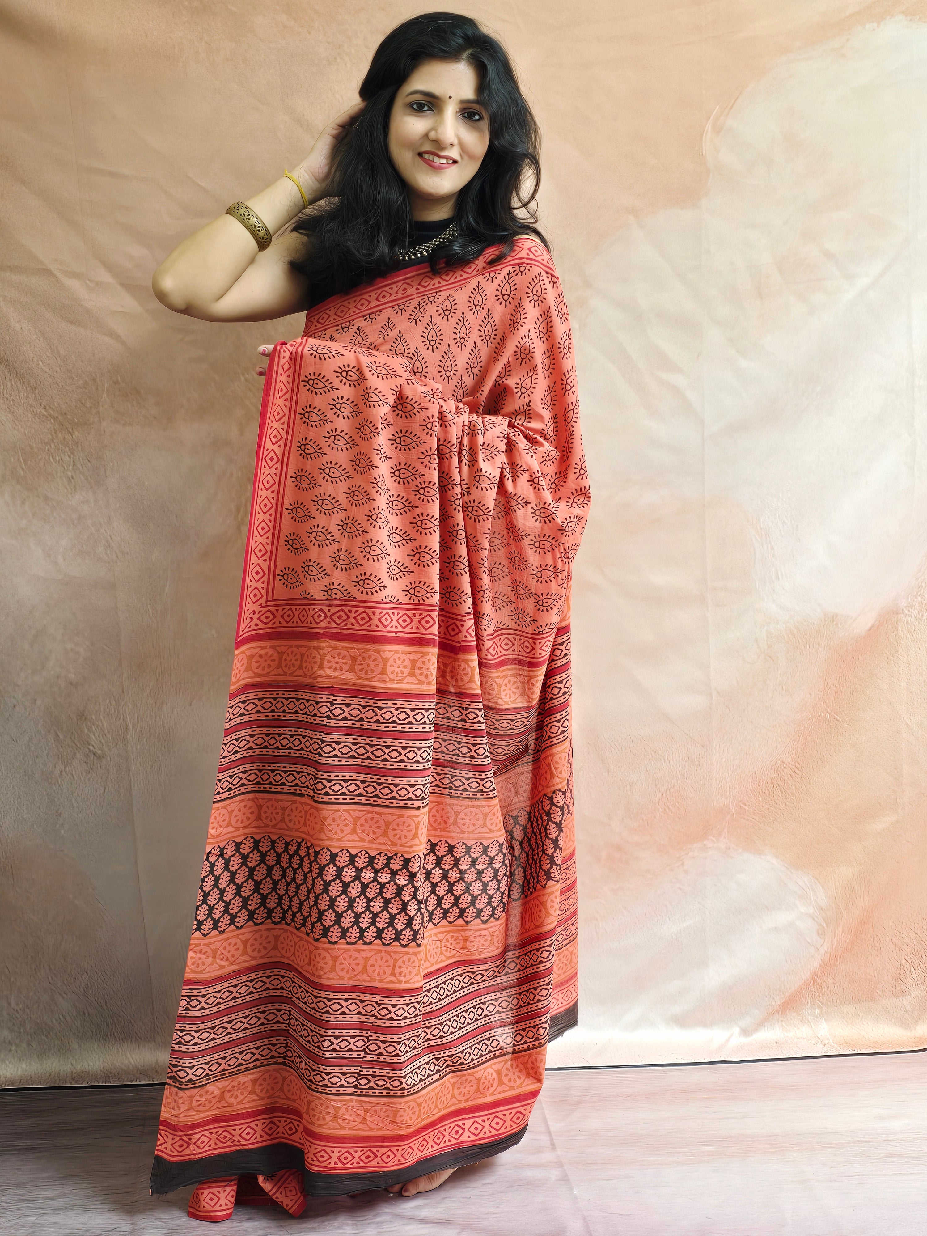 Handblock Printed Mul Cotton Saree Burnt Orange