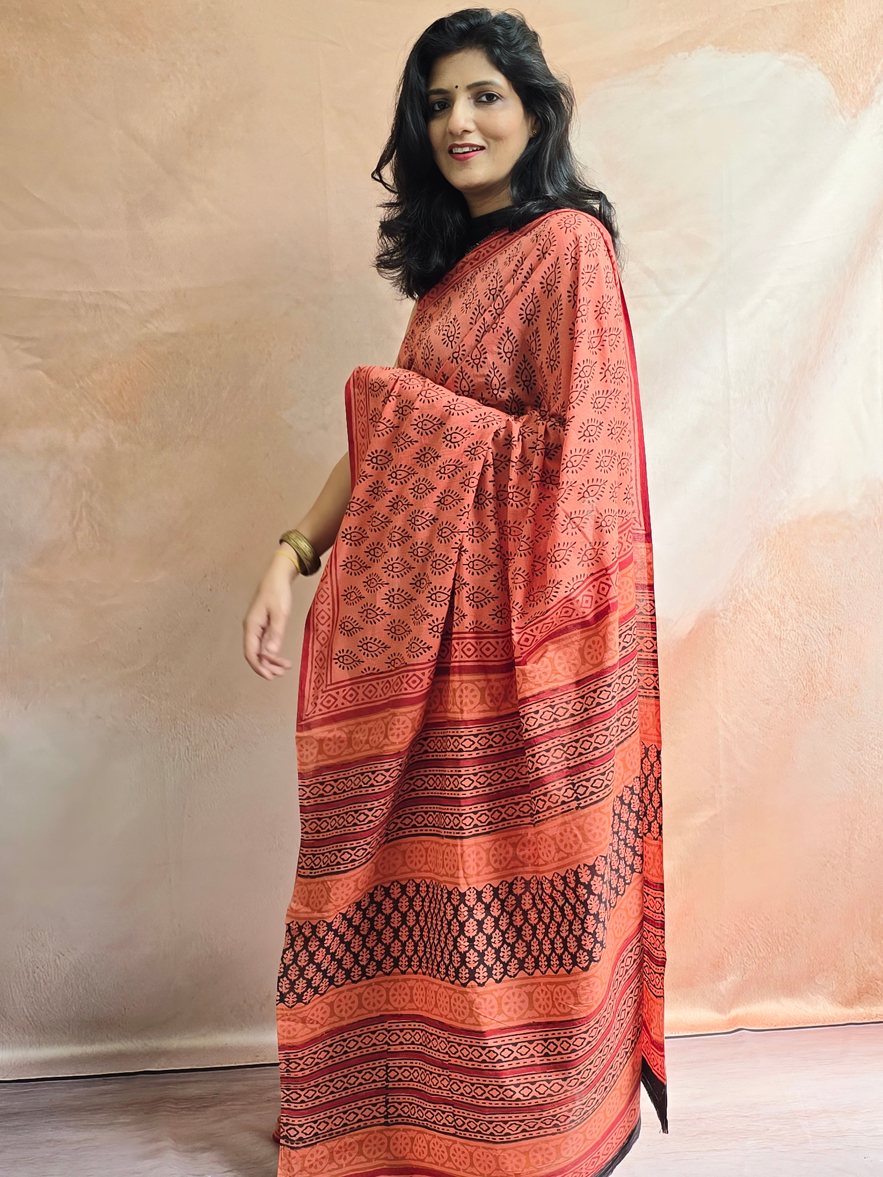 Handblock Printed Mul Cotton Saree Burnt Orange
