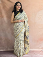Handblock Printed Mul Cotton Saree Beige Floral