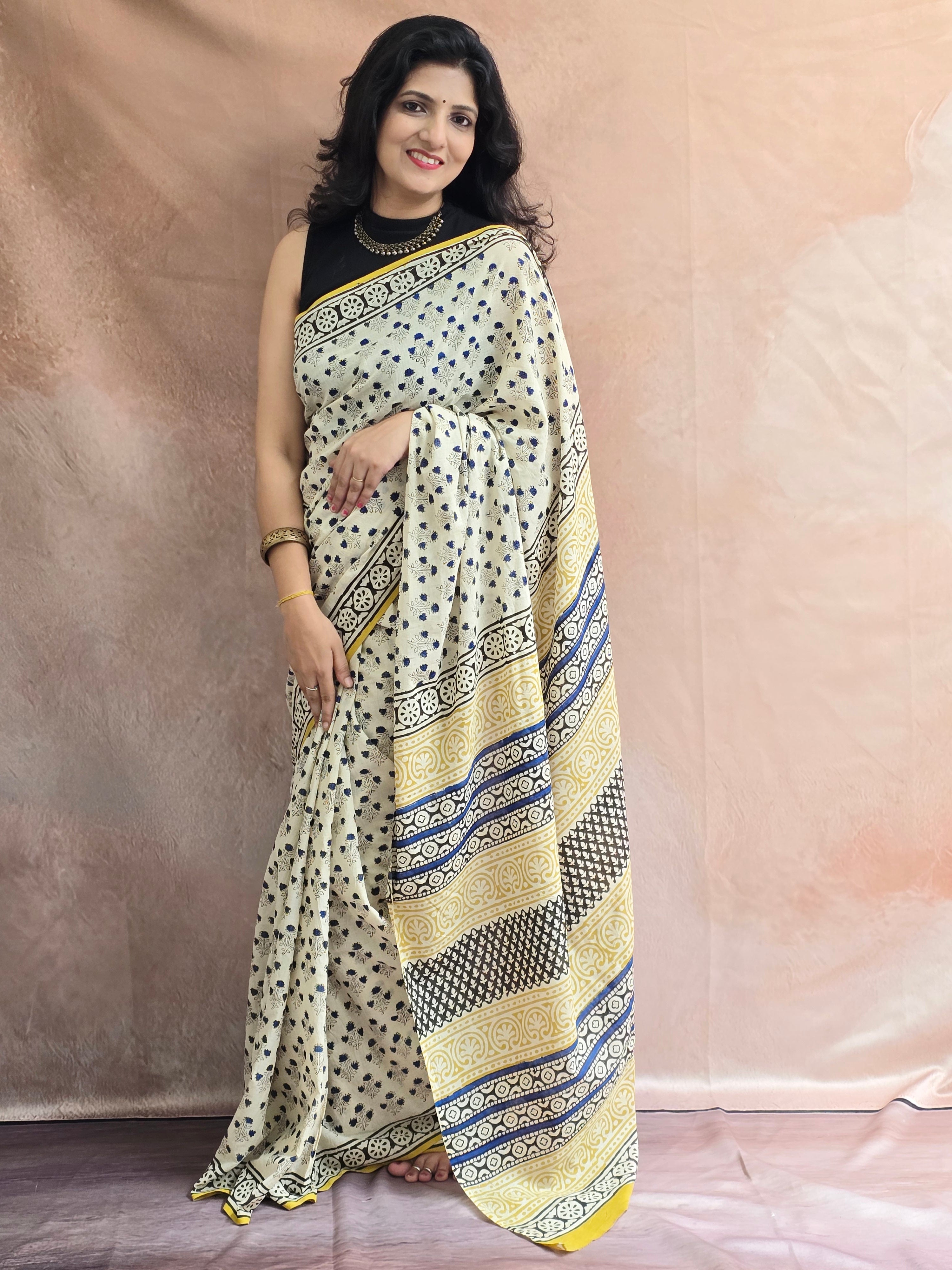 Handblock Printed Mul Cotton Saree Beige Floral