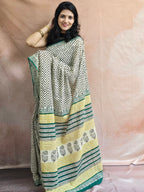 Handblock Printed Mul Cotton Saree Zigzag Motifs - Offwhite