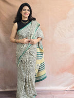Handblock Printed Mul Cotton Saree Zigzag Motifs - Offwhite