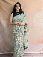 Handblock Printed Mul Cotton Saree Zigzag Motifs - Offwhite