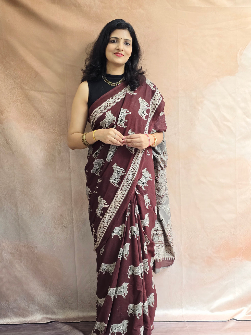 Handblock Printed Mul Cotton Saree cow Motifs