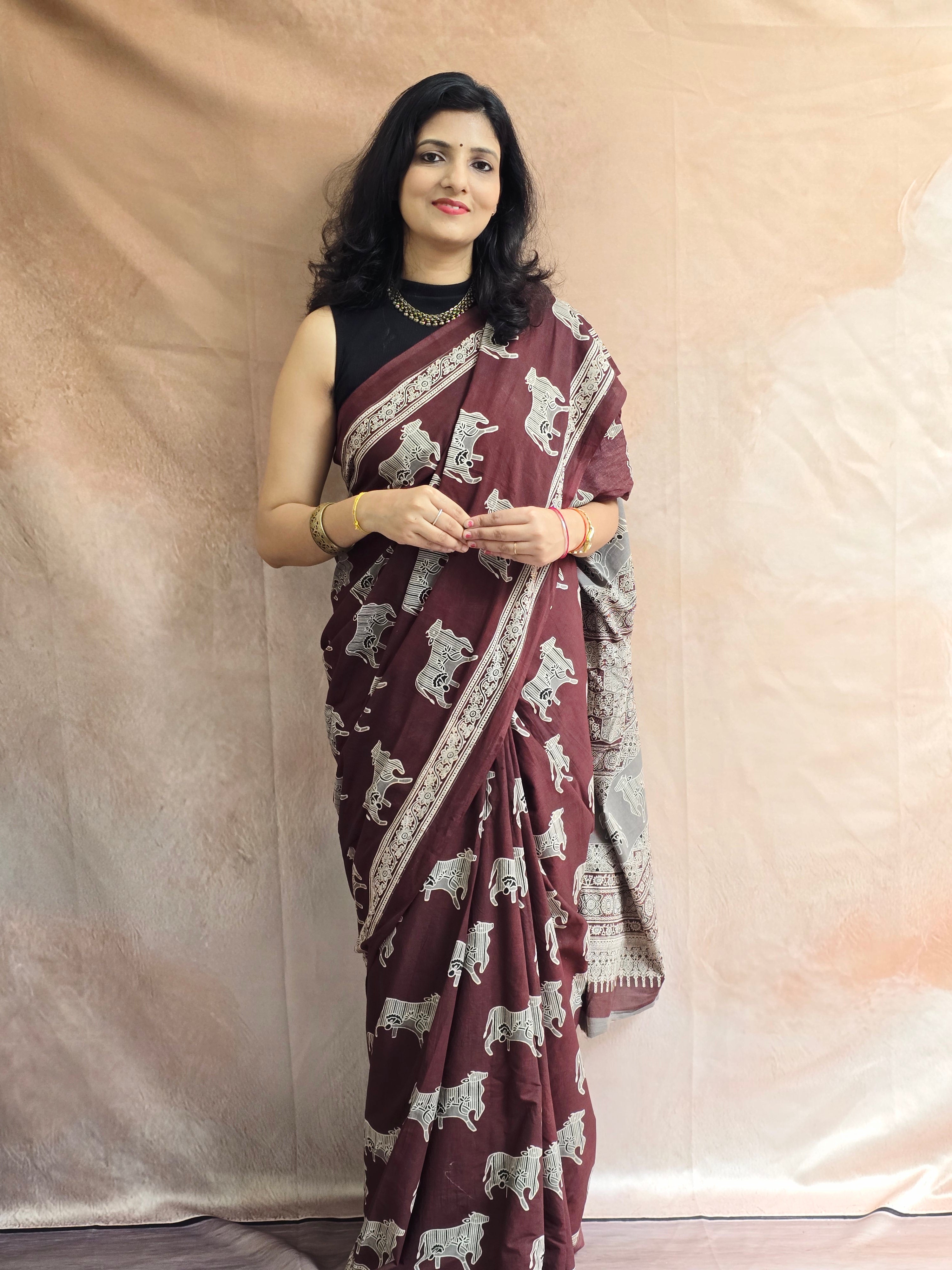 Handblock Printed Mul Cotton Saree cow Motifs