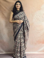 Handblock Printed Mul Cotton Saree Floral Motifs. - Black
