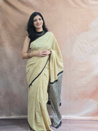 Handblock Printed Mul Cotton Saree - Yellow Stripe