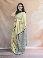 Handblock Printed Mul Cotton Saree - Yellow Stripe