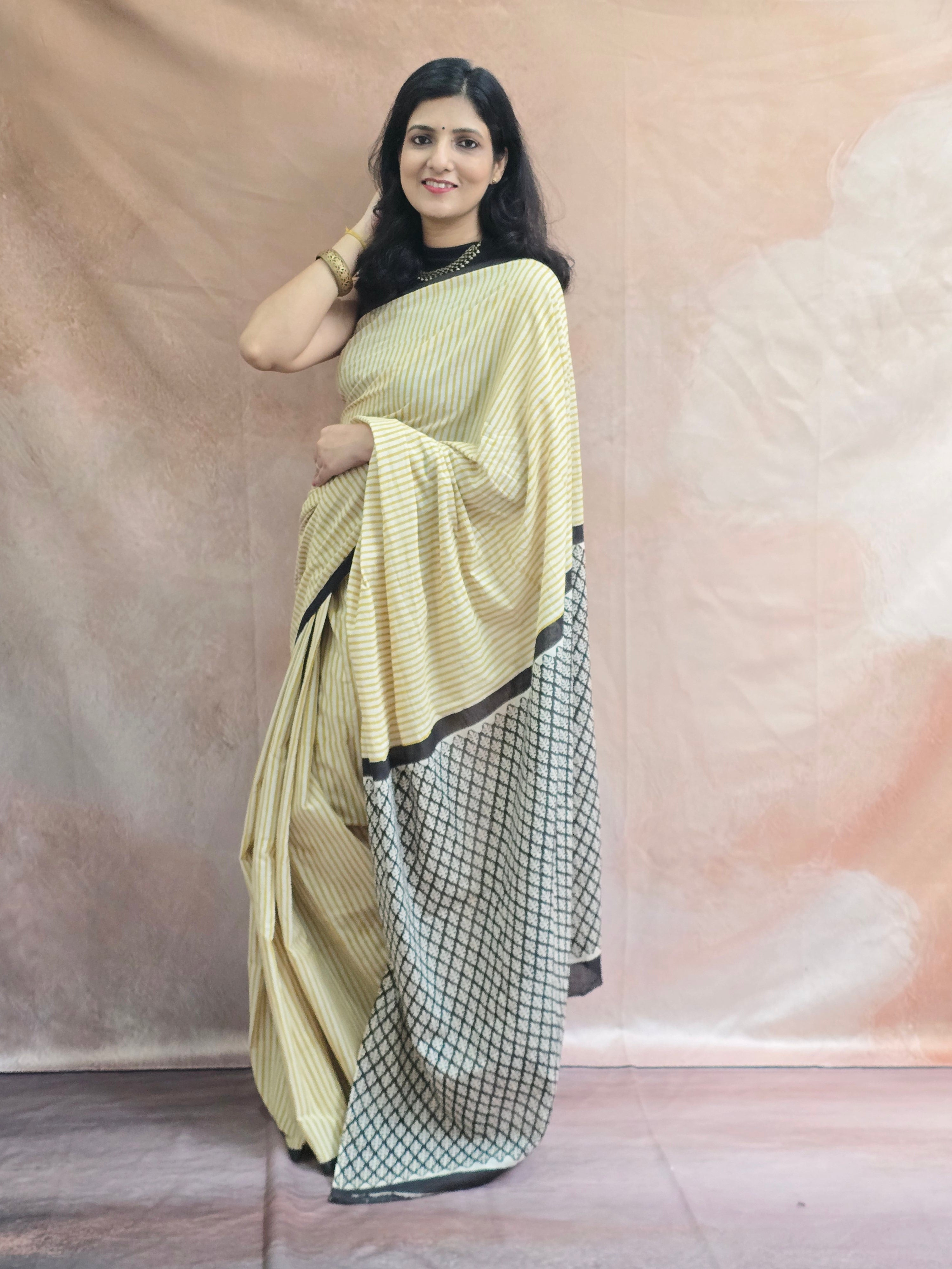 Handblock Printed Mul Cotton Saree - Yellow Stripe